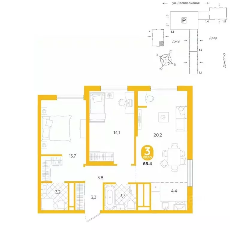 2-к кв. Тюменская область, Тюмень ул. Лесопарковая, 20 (68.4 м) - Фото 0