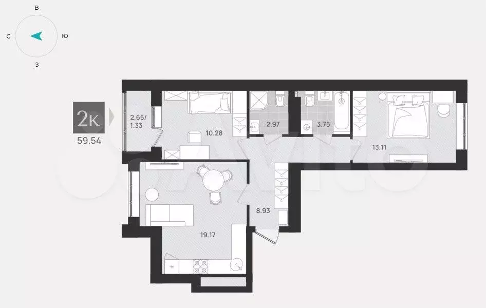 2-к. квартира, 59,5 м, 5/9 эт. - Фото 1
