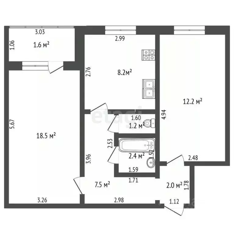 2-к кв. Чувашия, Цивильск Цивильский район, ул. Терешковой, 18А (52.0 ... - Фото 2