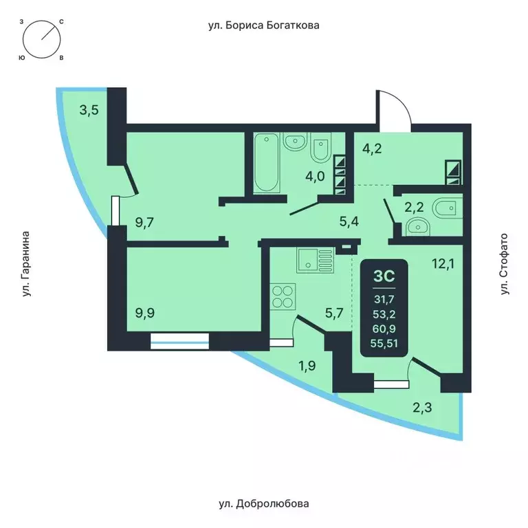 3-к кв. Новосибирская область, Новосибирск ул. Гаранина, 43 (55.51 м) - Фото 0