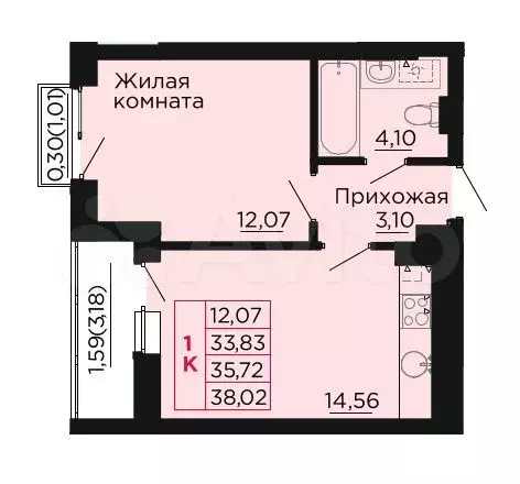 1-к. квартира, 35,7 м, 7/9 эт. - Фото 0