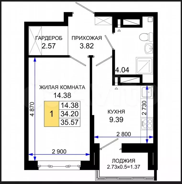 1-к. квартира, 35,6 м, 22/25 эт. - Фото 1