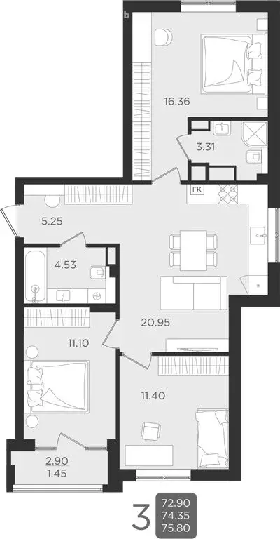 3-комнатная квартира: Калининград, улица Старшины Дадаева, 55к1 (74.36 ... - Фото 1