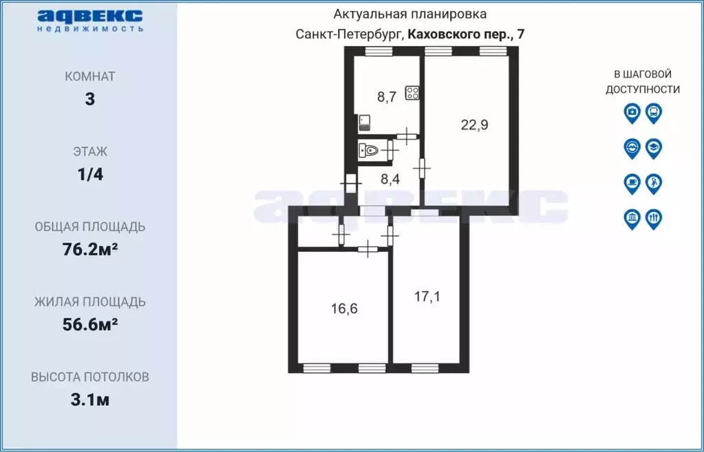 3-к кв. Санкт-Петербург пер. Каховского, 7 (76.2 м) - Фото 1