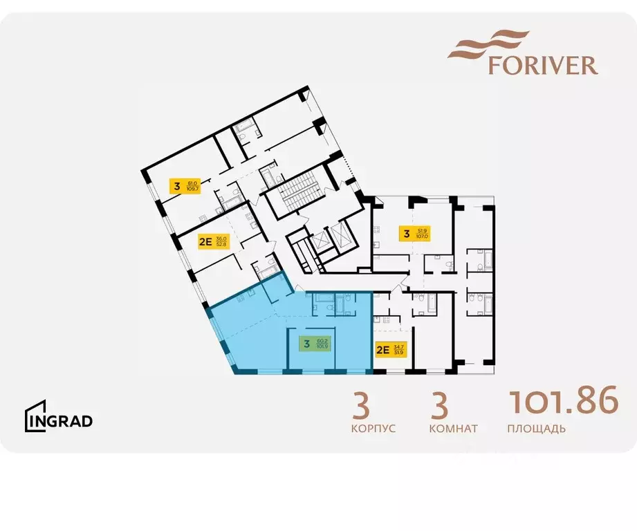 3-к кв. Москва Г мкр, Форивер жилой комплекс, 3 (101.86 м) - Фото 1