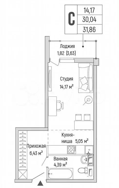 Квартира-студия, 31,9 м, 9/9 эт. - Фото 0