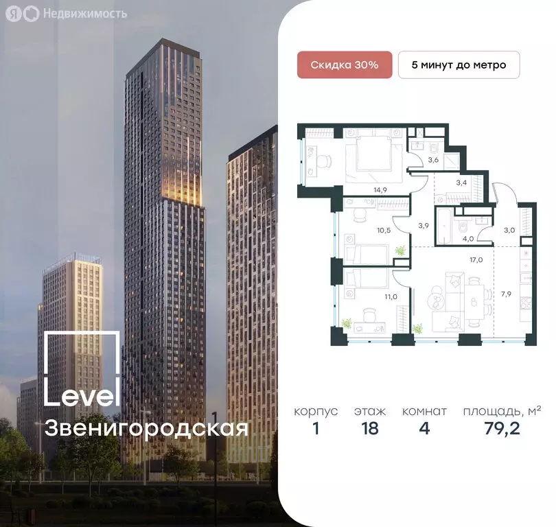 4-комнатная квартира: Москва, жилой комплекс Левел Звенигородская, к1 ... - Фото 0