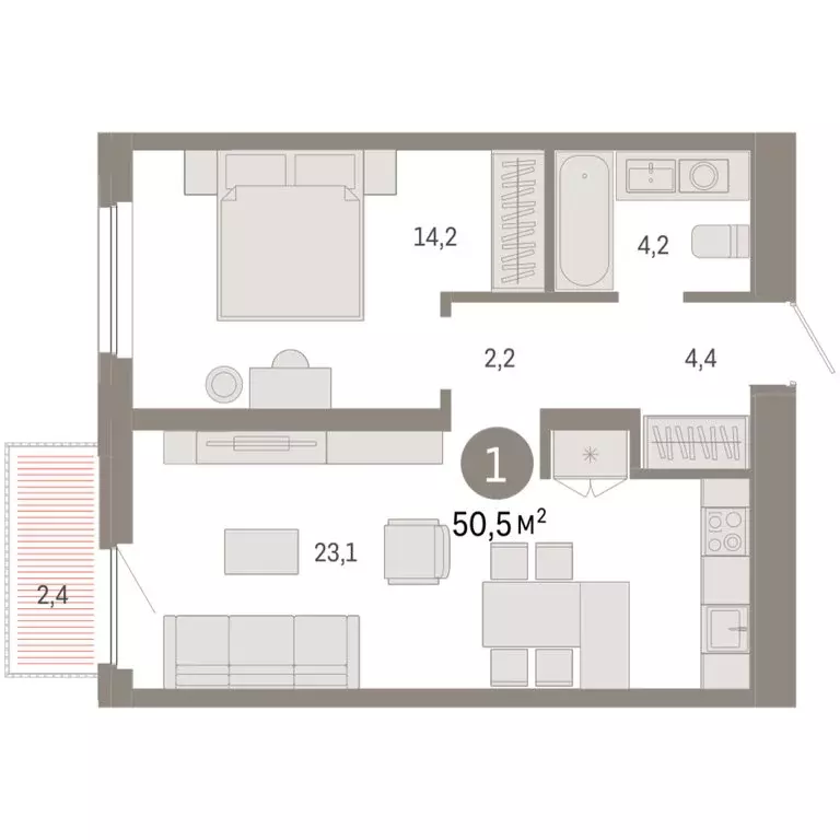 1-комнатная квартира: Тюмень, Мысовская улица, 26к2 (50.47 м) - Фото 1