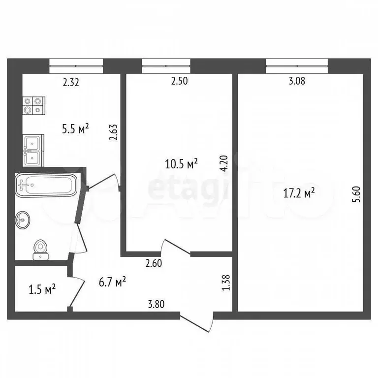 2-к. квартира, 44,4 м, 1/5 эт. - Фото 0