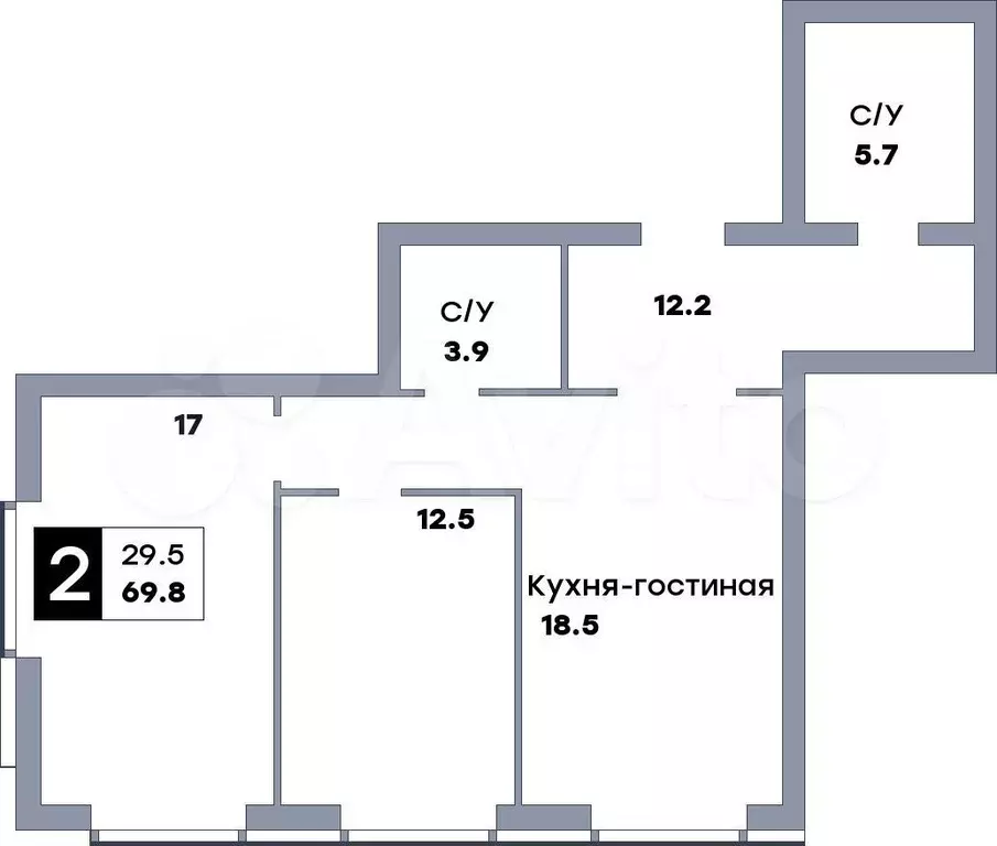 2-к. квартира, 69,8 м, 11/28 эт. - Фото 0