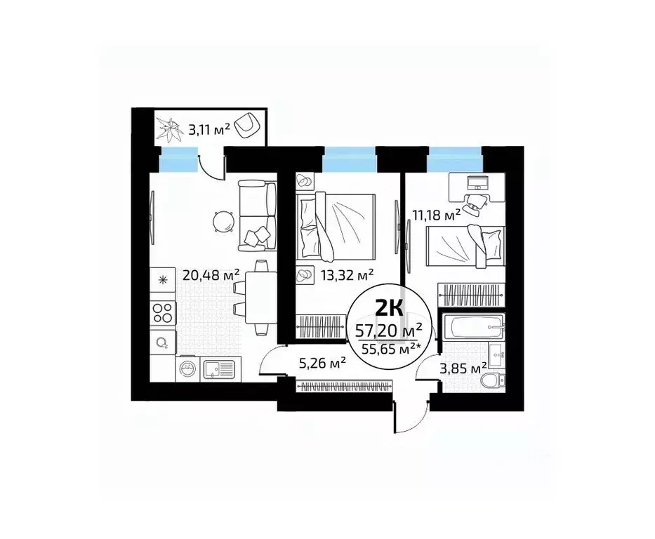 2-к кв. Самарская область, Самара пос. Мехзавод, 1-й кв-л, 50 (57.2 м) - Фото 1