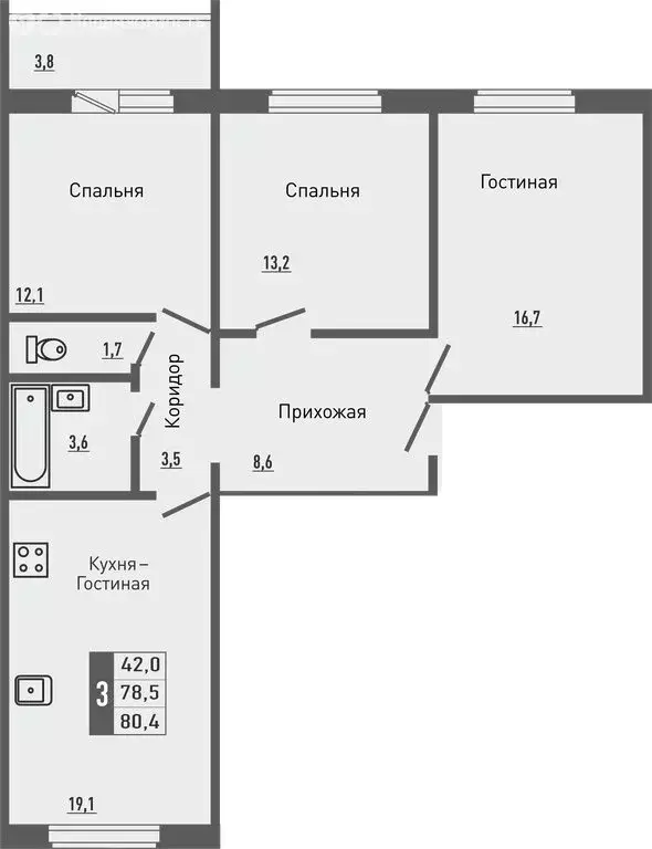 3-комнатная квартира: деревня Жилина, улица Генерала Лаврова, 7 (80.4 ... - Фото 0