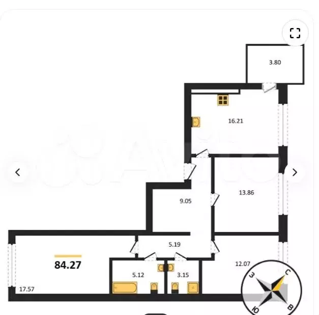3-к. квартира, 84,3 м, 2/9 эт. - Фото 1