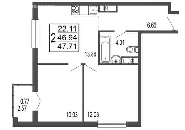 2-комнатная квартира: Лыткарино, 6-й микрорайон, 15Д (46.94 м) - Фото 0