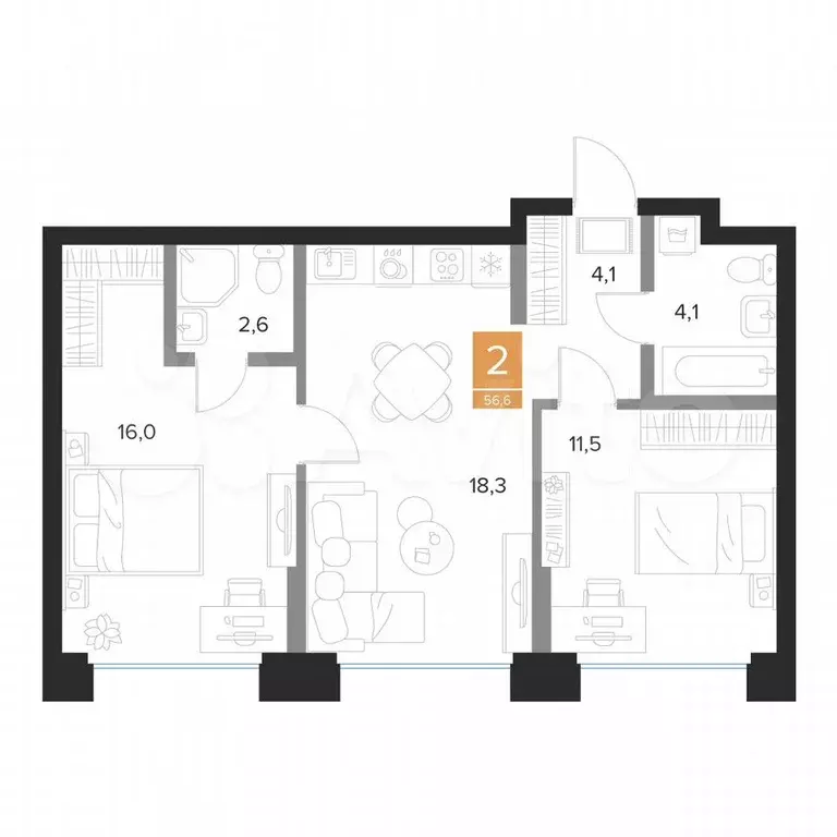 2-к. квартира, 56,6 м, 2/16 эт. - Фото 0