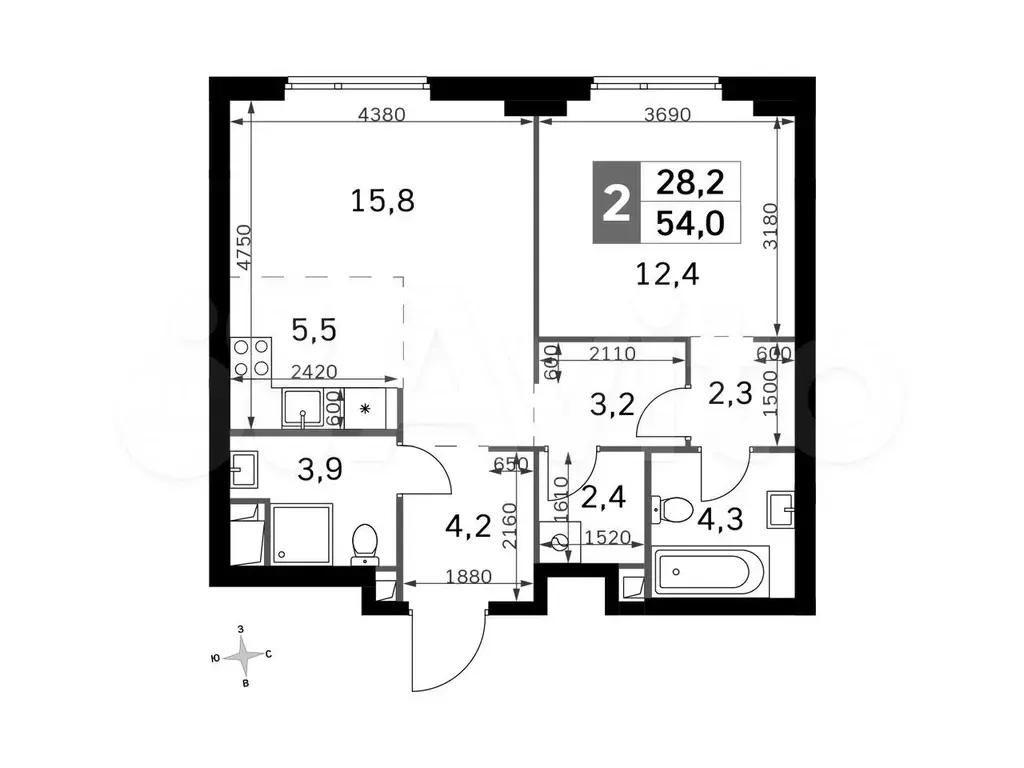 2-к. квартира, 54м, 9/42эт. - Фото 0