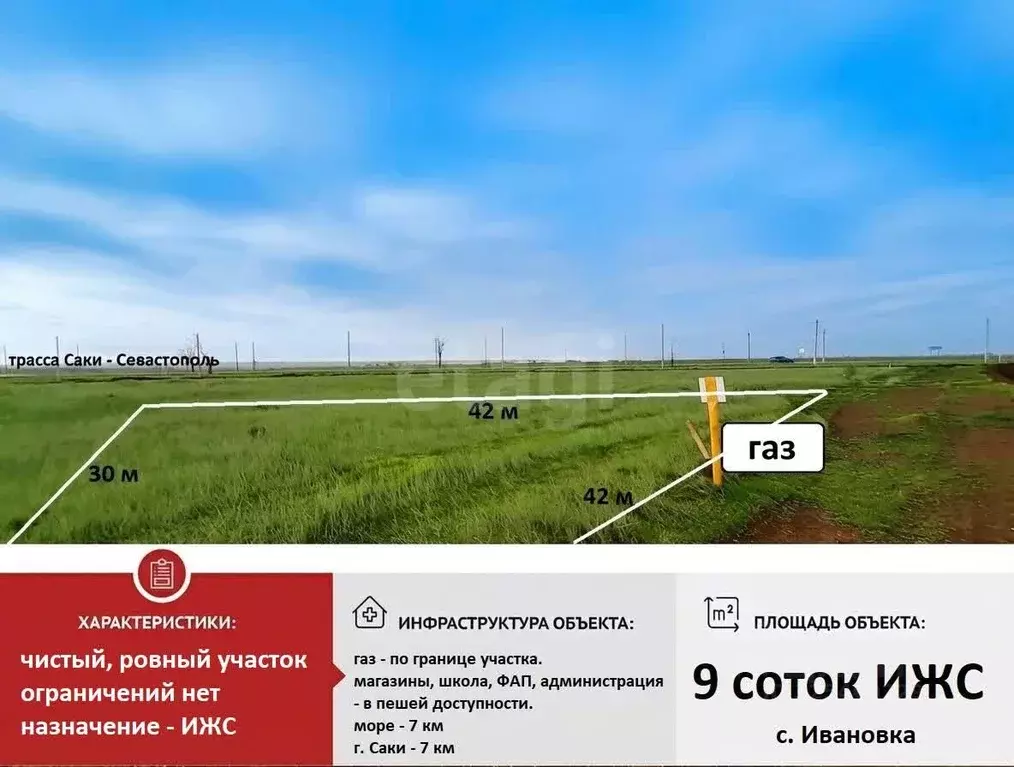 Участок в Крым, Сакский район, с. Ивановка ул. Нахимова (9.0 сот.) - Фото 1