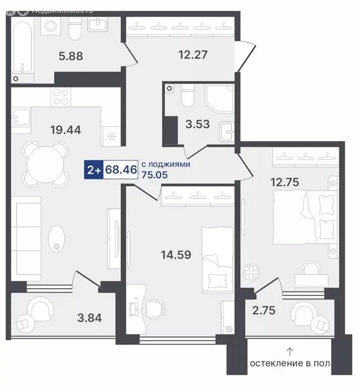 2-комнатная квартира: Тюмень, Ставропольская улица, 1 (68.46 м) - Фото 0