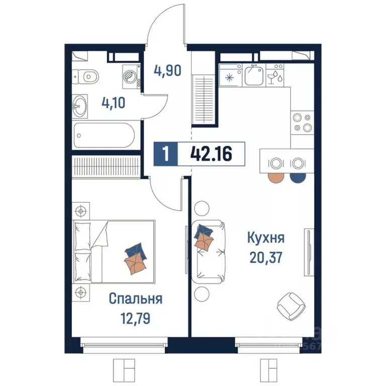 1-к кв. Ленинградская область, Мурино Всеволожский район,  (42.16 м) - Фото 0