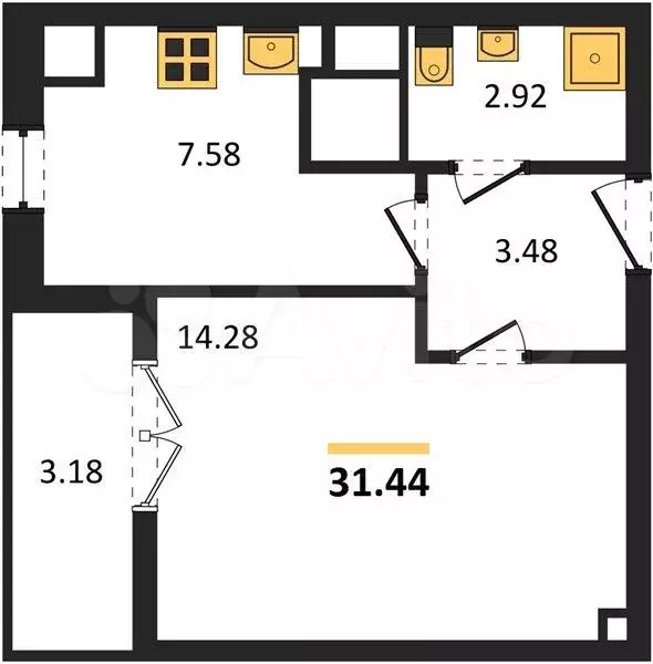 1-к. квартира, 31,4 м, 9/9 эт. - Фото 1