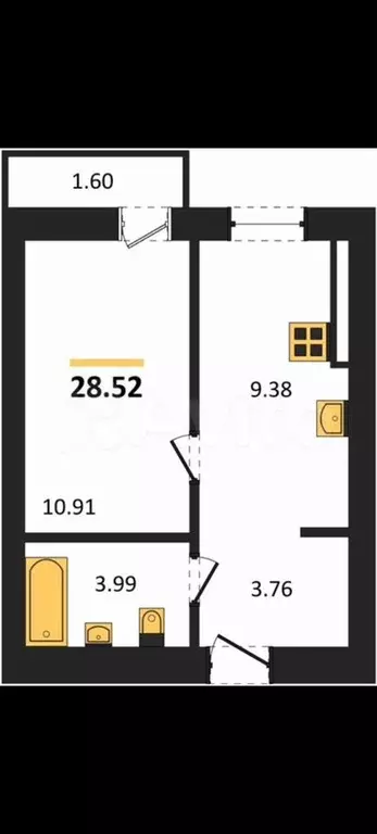 1-к. квартира, 29,6 м, 2/6 эт. - Фото 1