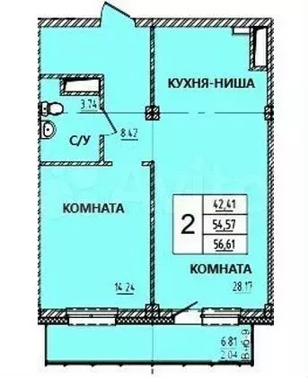 2-к. квартира, 56,6 м, 5/15 эт. - Фото 0