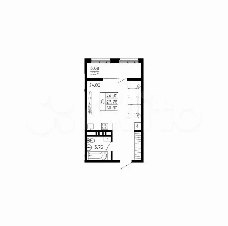 Квартира-студия, 30,3 м, 2/6 эт. - Фото 1
