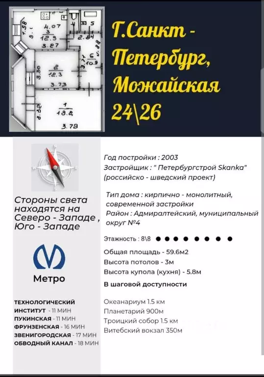 2-к кв. Санкт-Петербург Можайская ул., 24-26 (59.6 м) - Фото 2