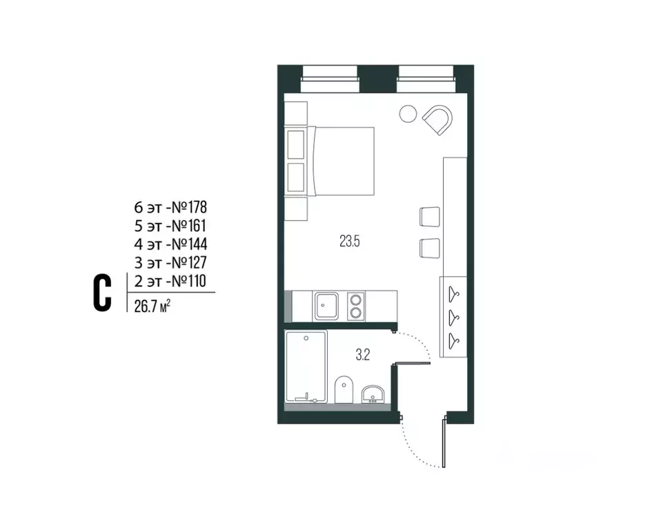 Студия Санкт-Петербург ул. Блохина, 6/3 (26.7 м) - Фото 2
