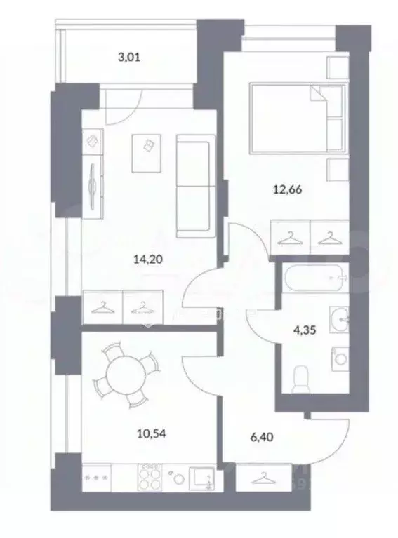 Квартира, 2 комнаты, 51.16 м - Фото 1