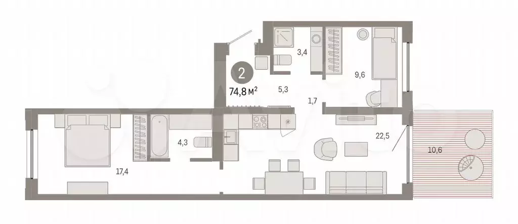 2-к. квартира, 74,8 м, 2/8 эт. - Фото 0