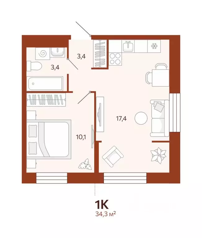 1-к кв. Тюменская область, Тюмень  (34.3 м) - Фото 0