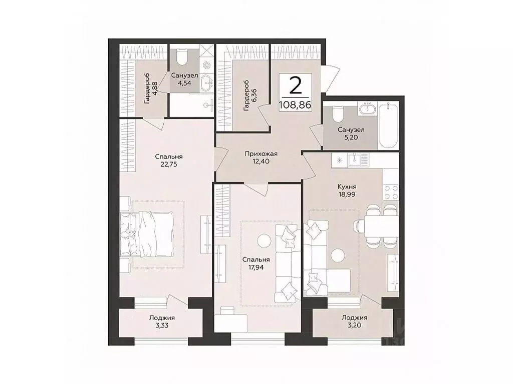 2-к кв. Воронежская область, Воронеж Эклипс жилой комплекс (108.86 м) - Фото 1