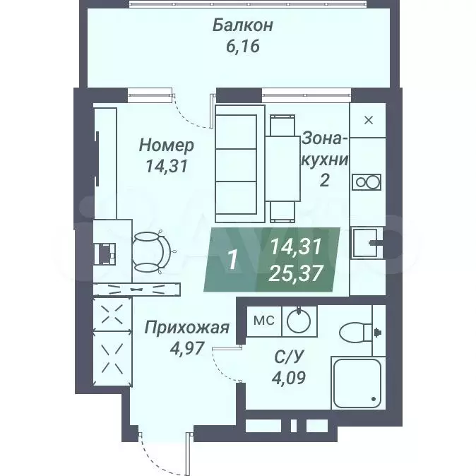 Апартаменты-студия, 25,4 м, 11/23 эт. - Фото 0