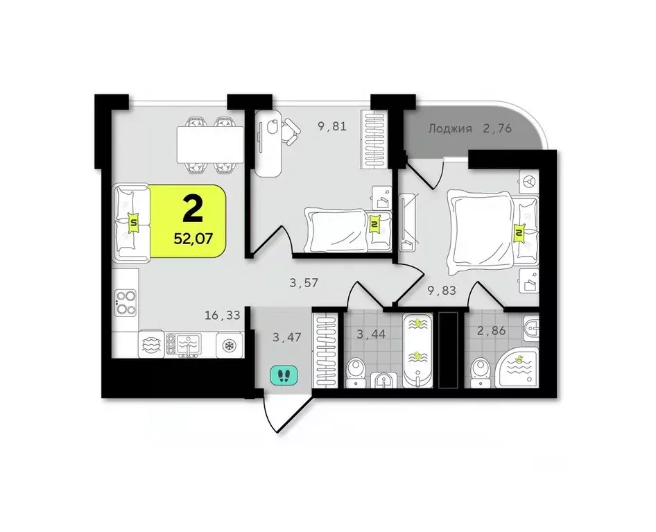 2-к кв. Тюменская область, Тюмень  (52.07 м) - Фото 1
