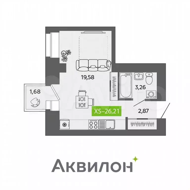 Квартира-студия, 26,2м, 3/9эт. - Фото 1