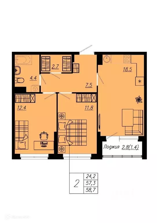 Продаётся 2-к квартира, 56 м - Фото 0