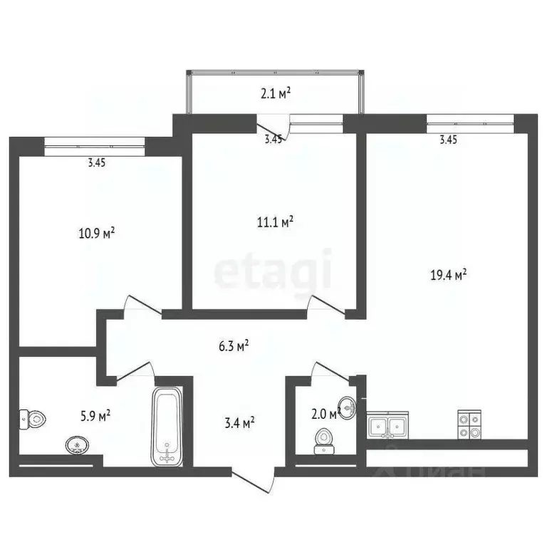 2-к кв. Тюменская область, Тюмень ДОК мкр, ул. Воронинская, 45 (60.4 ... - Фото 1