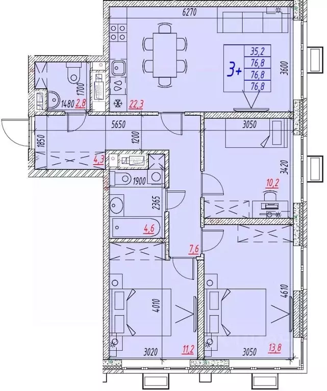4-к кв. Астраханская область, Астрахань ул. Бэра, 29 (76.8 м) - Фото 2