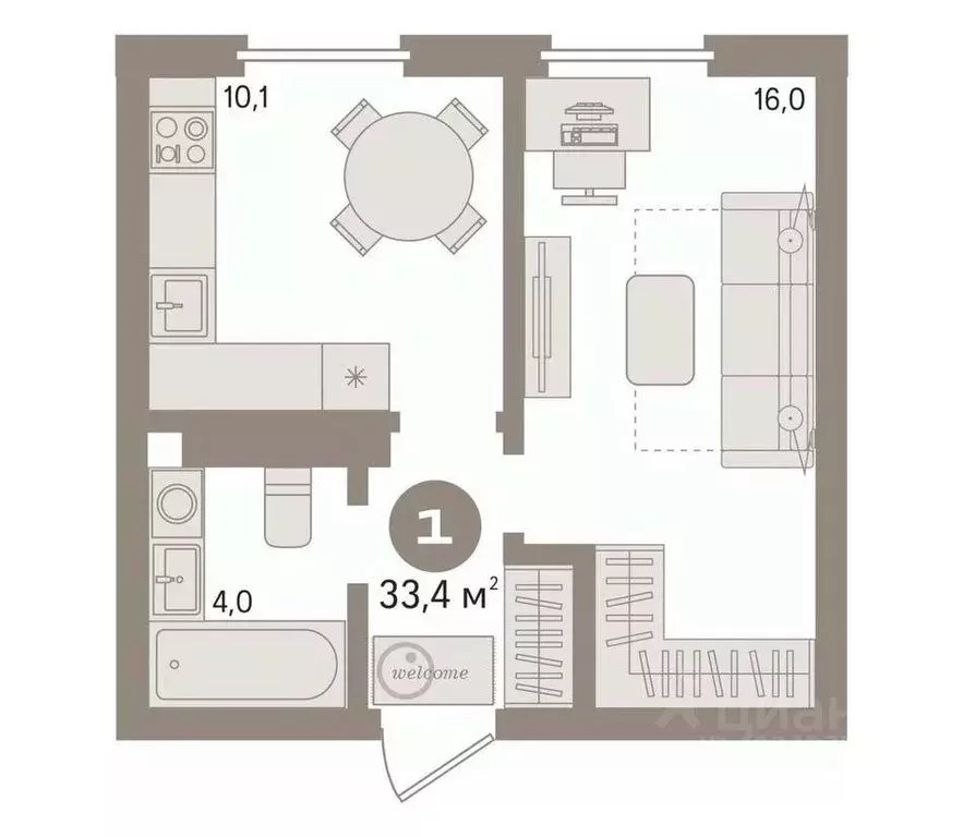 1-к кв. Тюменская область, Тюмень Ставропольская ул., 160 (33.4 м) - Фото 2