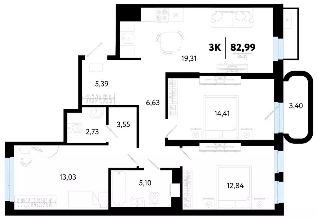 3-к кв. Тюменская область, Тюмень ул. Василия Малкова, 32 (82.99 м) - Фото 1