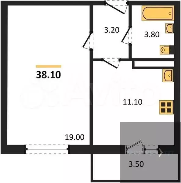 1-к. квартира, 38,1 м, 6/10 эт. - Фото 0