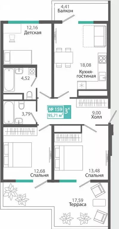 3-комнатная квартира: Симферополь, ЖК Розмарин (95.71 м) - Фото 1