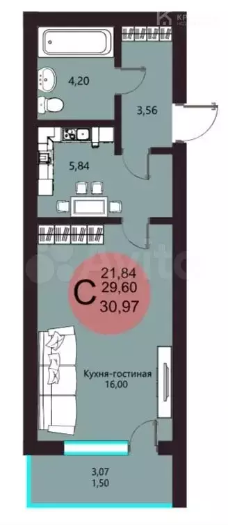 Квартира-студия, 29,6 м, 7/10 эт. - Фото 0