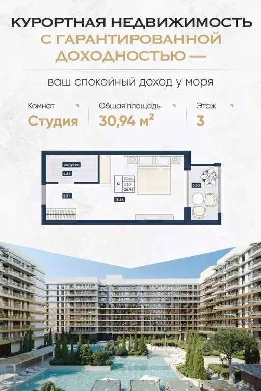 Студия Краснодарский край, Анапа Мореград жилой комплекс (30.94 м) - Фото 0
