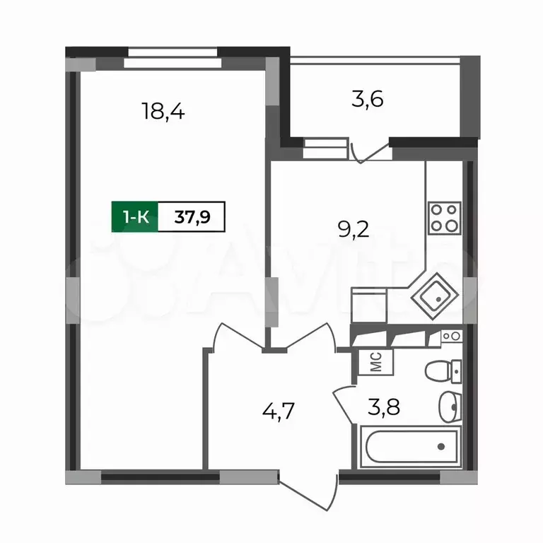 1-к. квартира, 37,9 м, 16/17 эт. - Фото 0
