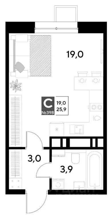 Студия Омская область, Омск Снегири жилрайон,  (25.9 м) - Фото 0