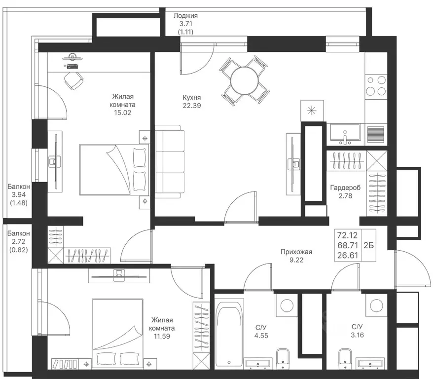 2-к кв. Татарстан, Казань Мой Ритм жилой комплекс, ПК14 (72.12 м) - Фото 1