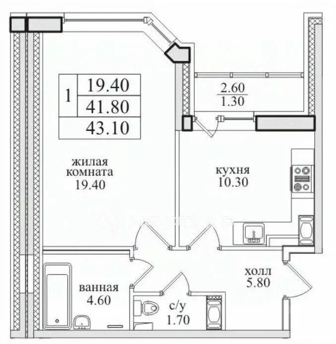 1-к кв. Санкт-Петербург пос. Парголово, Заречная ул., 45к1 (42.0 м) - Фото 2