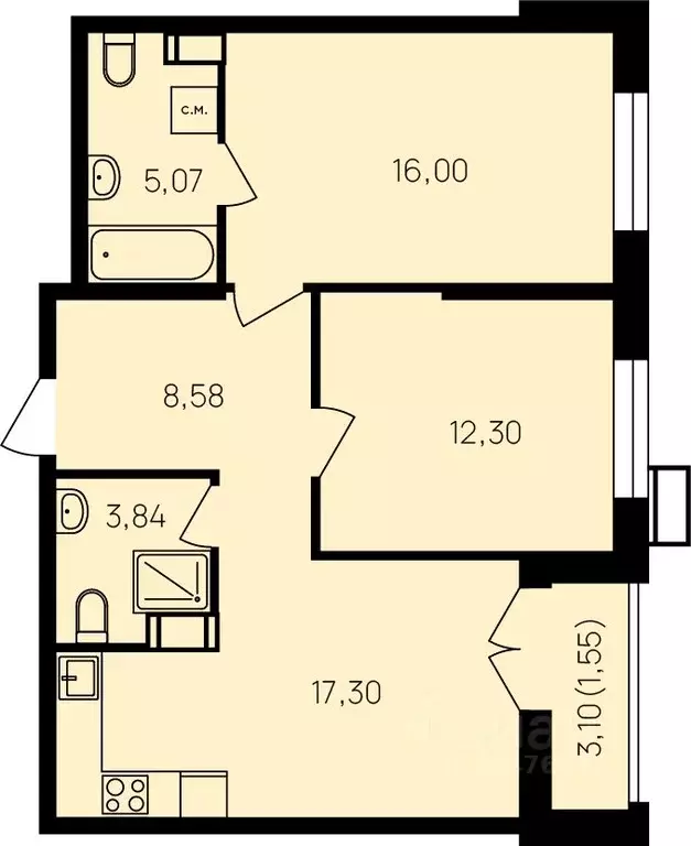 2-к кв. Калужская область, Обнинск ул. Славского, 10 (66.0 м) - Фото 1